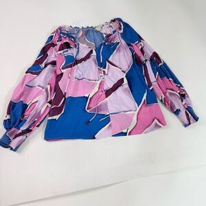 Perch Blue Pepper Top Womens 3X Fuschia Abstract Bishop Sleeve Anthro Blouse